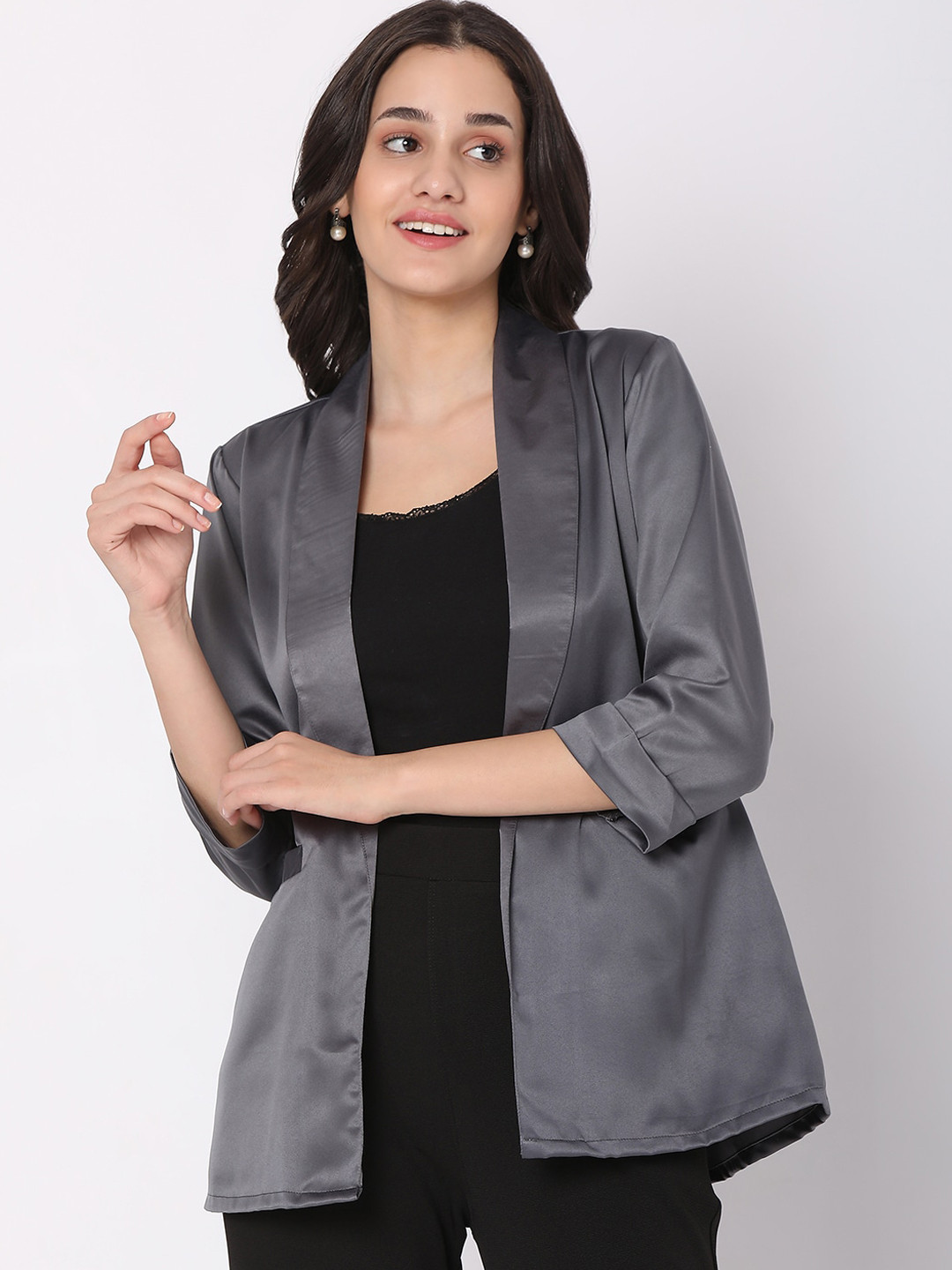 Smarty Pants Women Grey Solid Silk Lapel Collar Lightweight Open Front Jacket