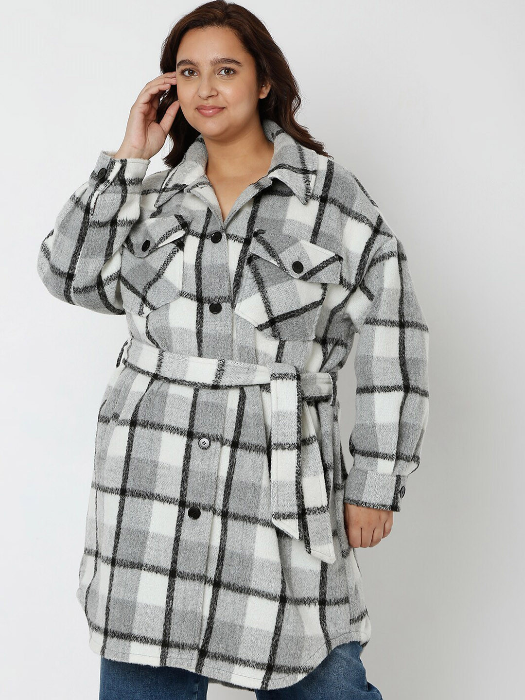 VERO MODA CURVE Women Grey Checked Coats