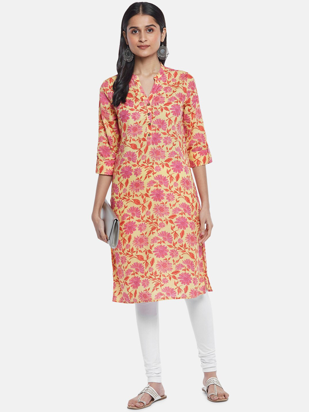 RANGMANCH BY PANTALOONS Women Yellow And Pink Floral Printed Cotton Kurta