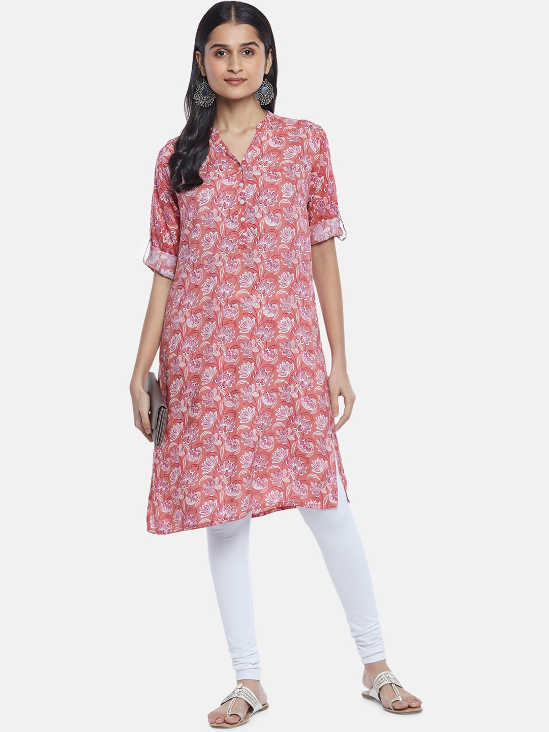 RANGMANCH BY PANTALOONS Women Pink Floral Print Rolled Up Sleeves Kurta