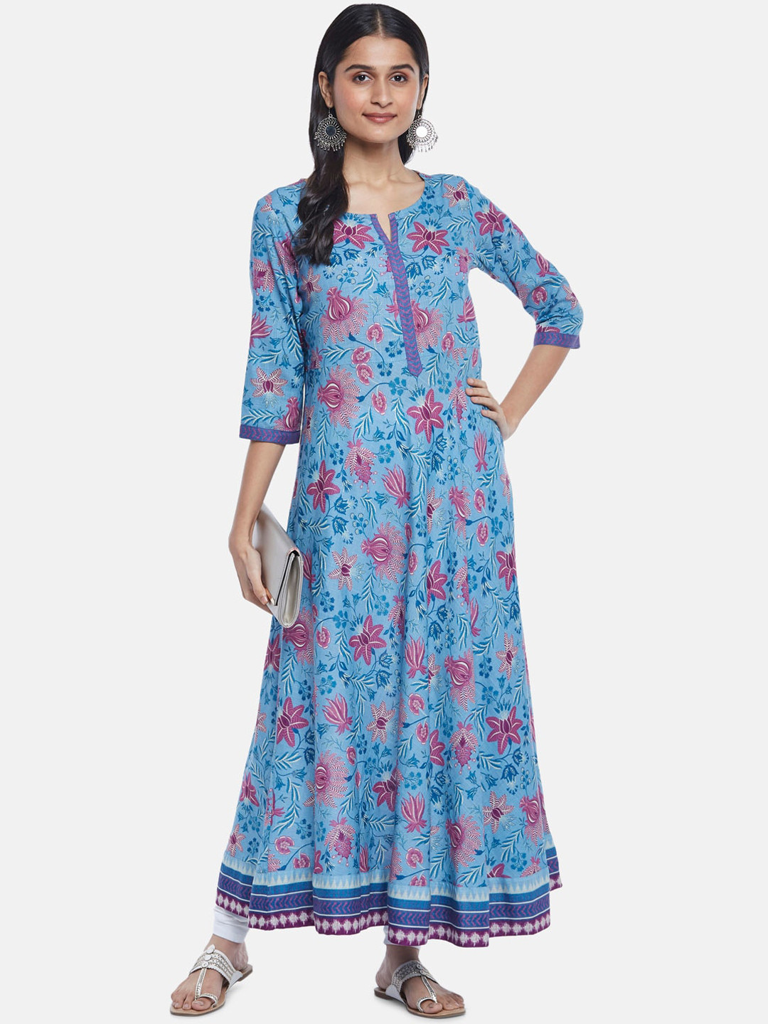 RANGMANCH BY PANTALOONS Women Blue Floral Printed Anarkali Cotton Kurta