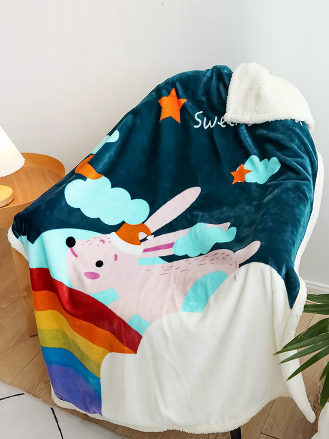 JC HOME White & Teal Cartoon Characters AC Room Single Bed Blanket