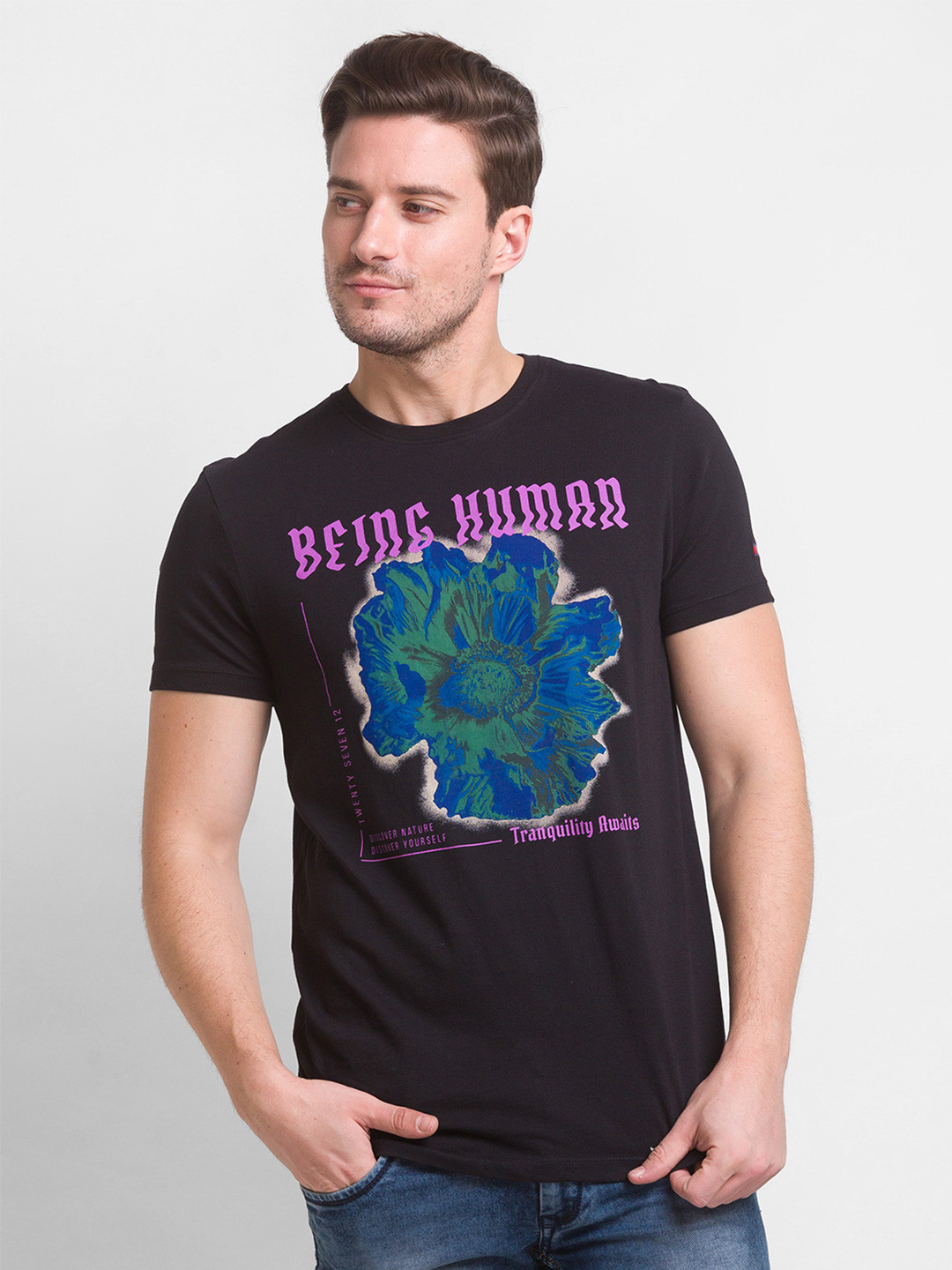Being Human Men Black & Blue Typography Printed Cotton T-shirt