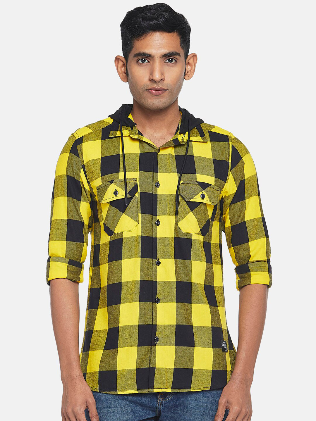People Men Yellow Slim Fit Buffalo Checks Checked Cotton Casual Shirt