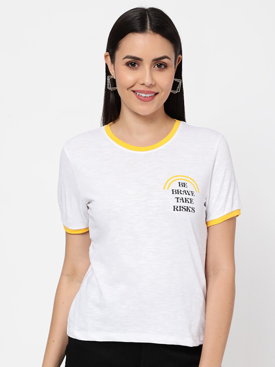 R&B White & Yellow Typhography Print Top