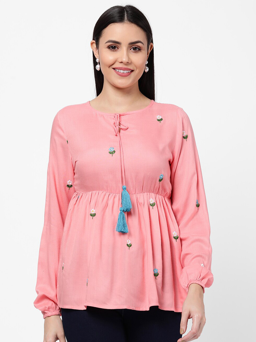 R&B Pink & Blue Floral Embroidered Tie-Up Neck Cinched Waist Top