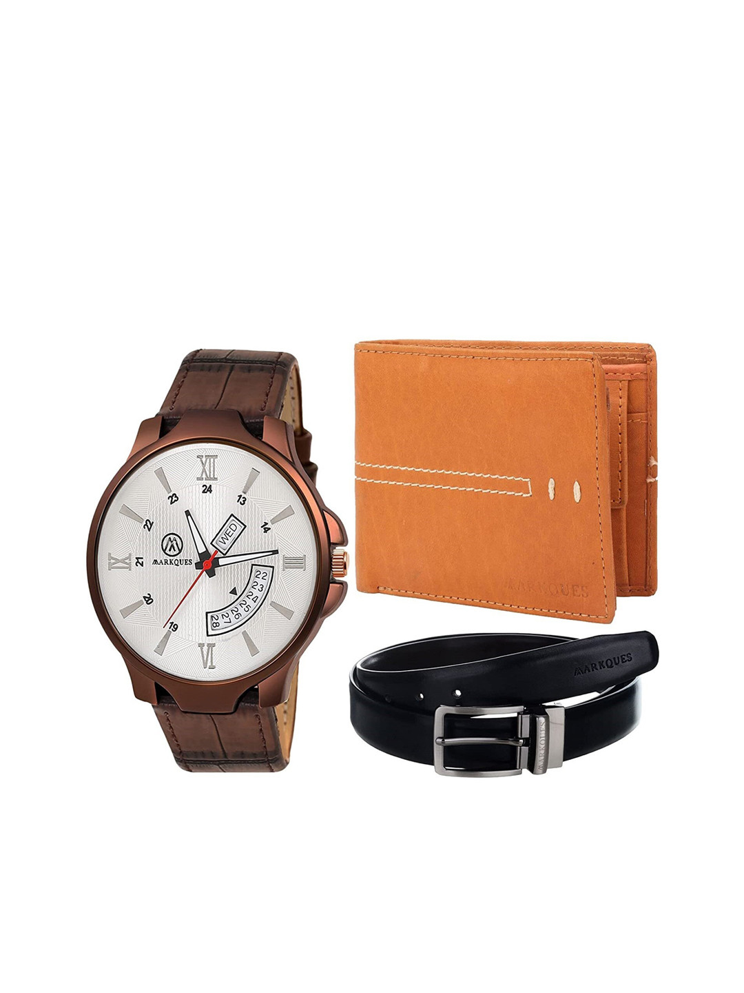 MARKQUES Men Brown Solid Watch, Wallet And Belt Combo Gift Set
