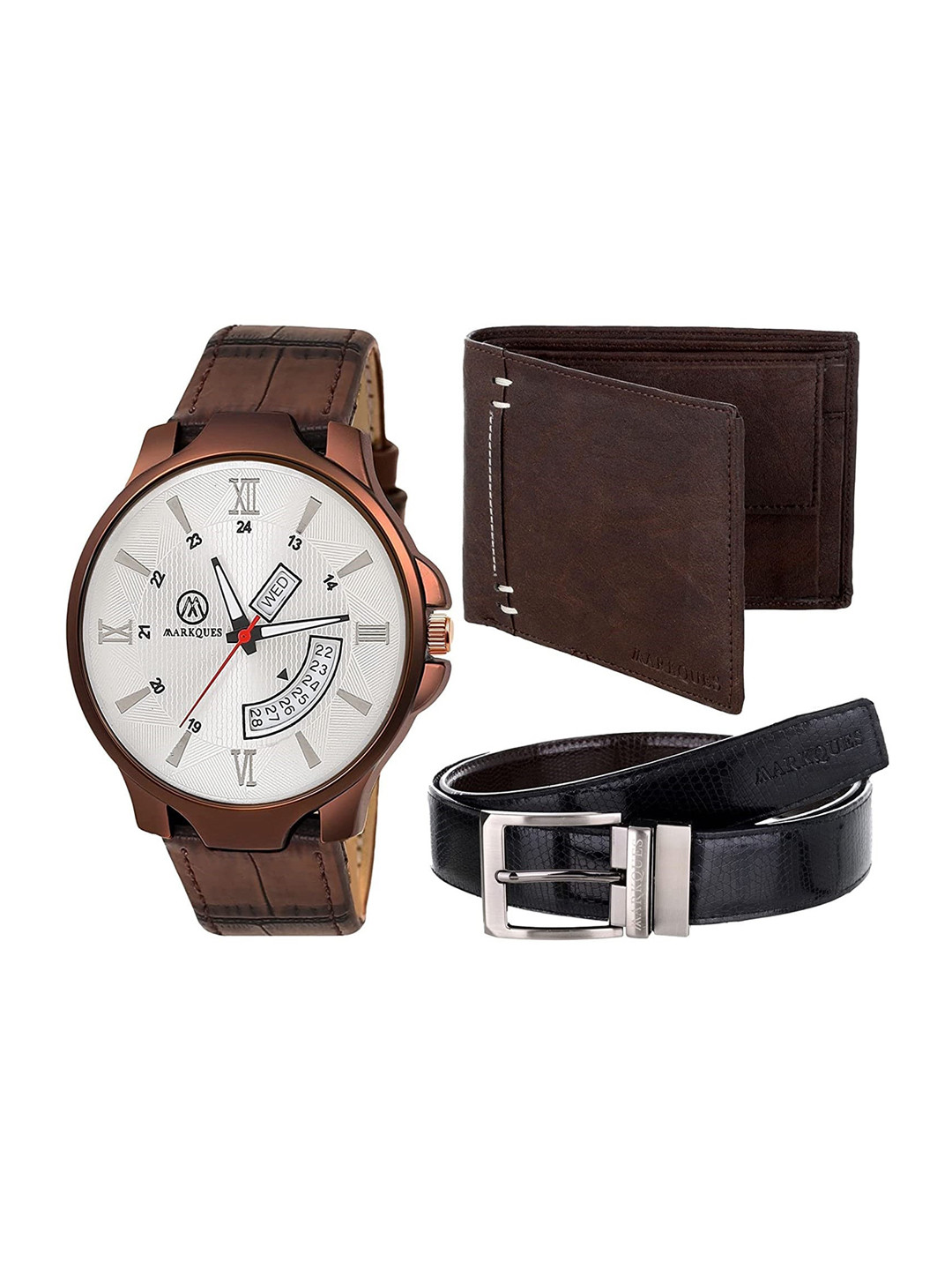MARKQUES Men Brown Watch & Wallet & Belt Combo Accessory Gift Set