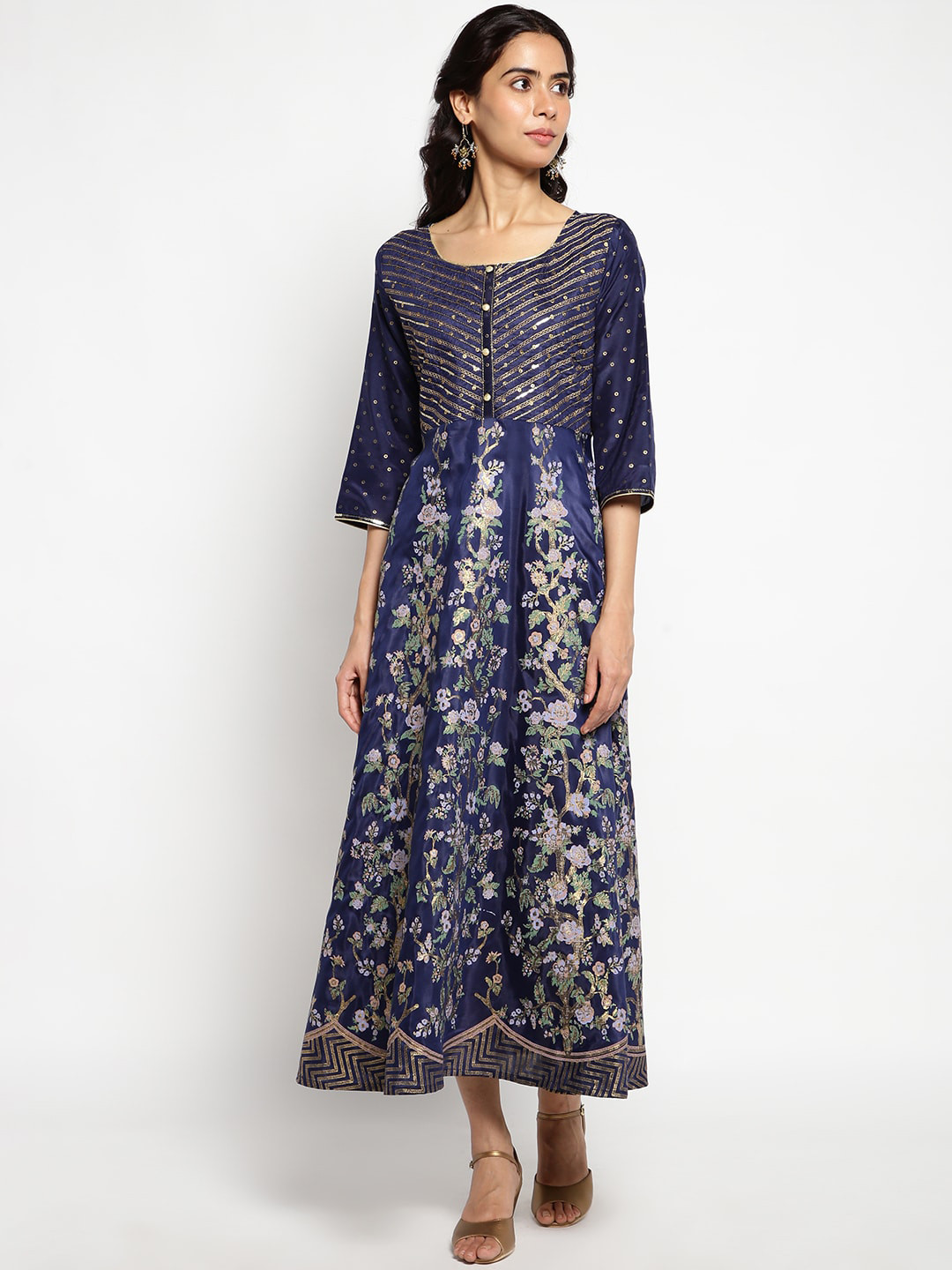 AURELIA Women Blue And Gold Toned Floral Print Embellished Empire Design Anarkali Kurta