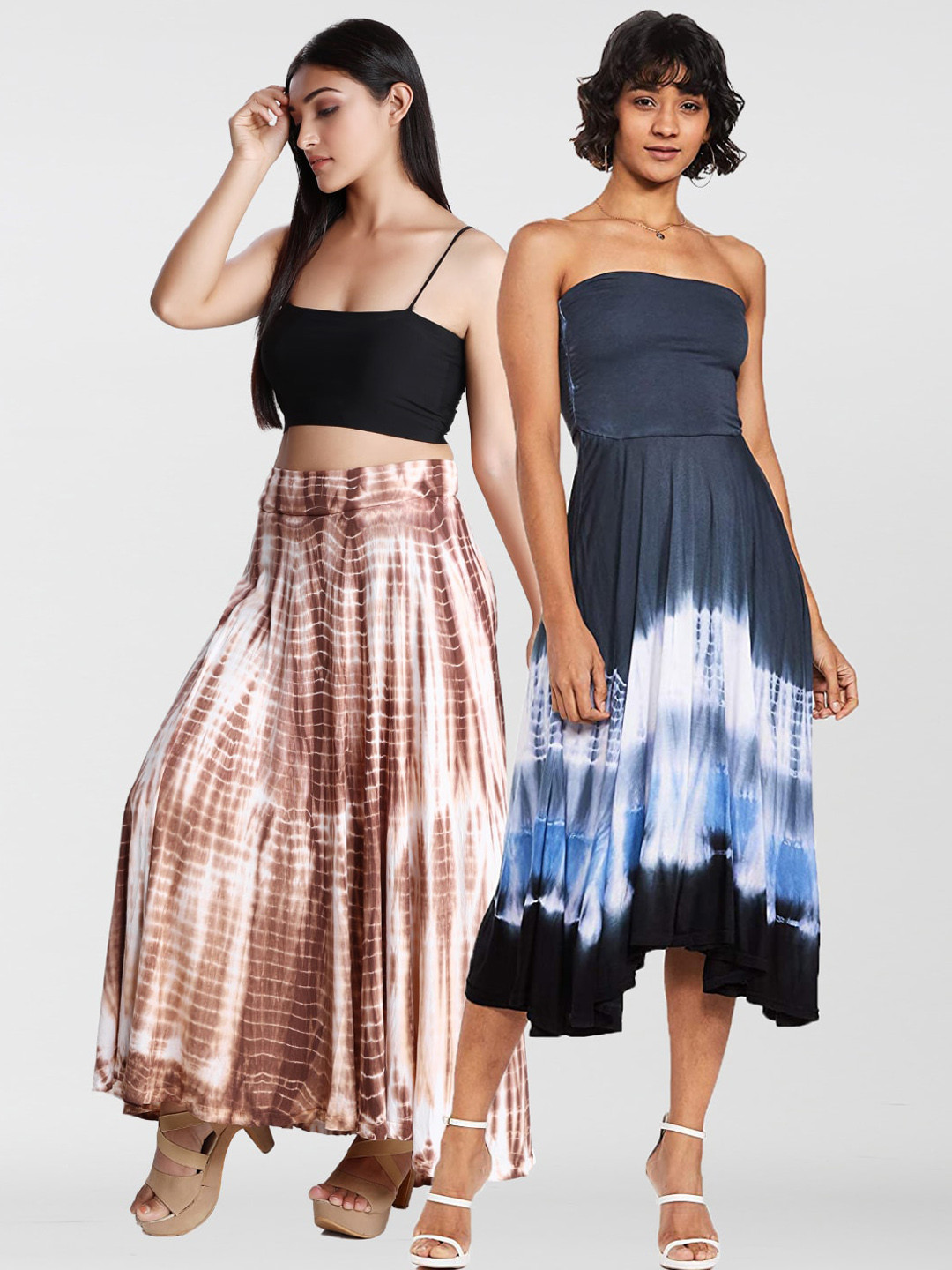Dream of Glory Inc Women Pack of 2 Brown & Blue Tie-Dye Flared Skirt