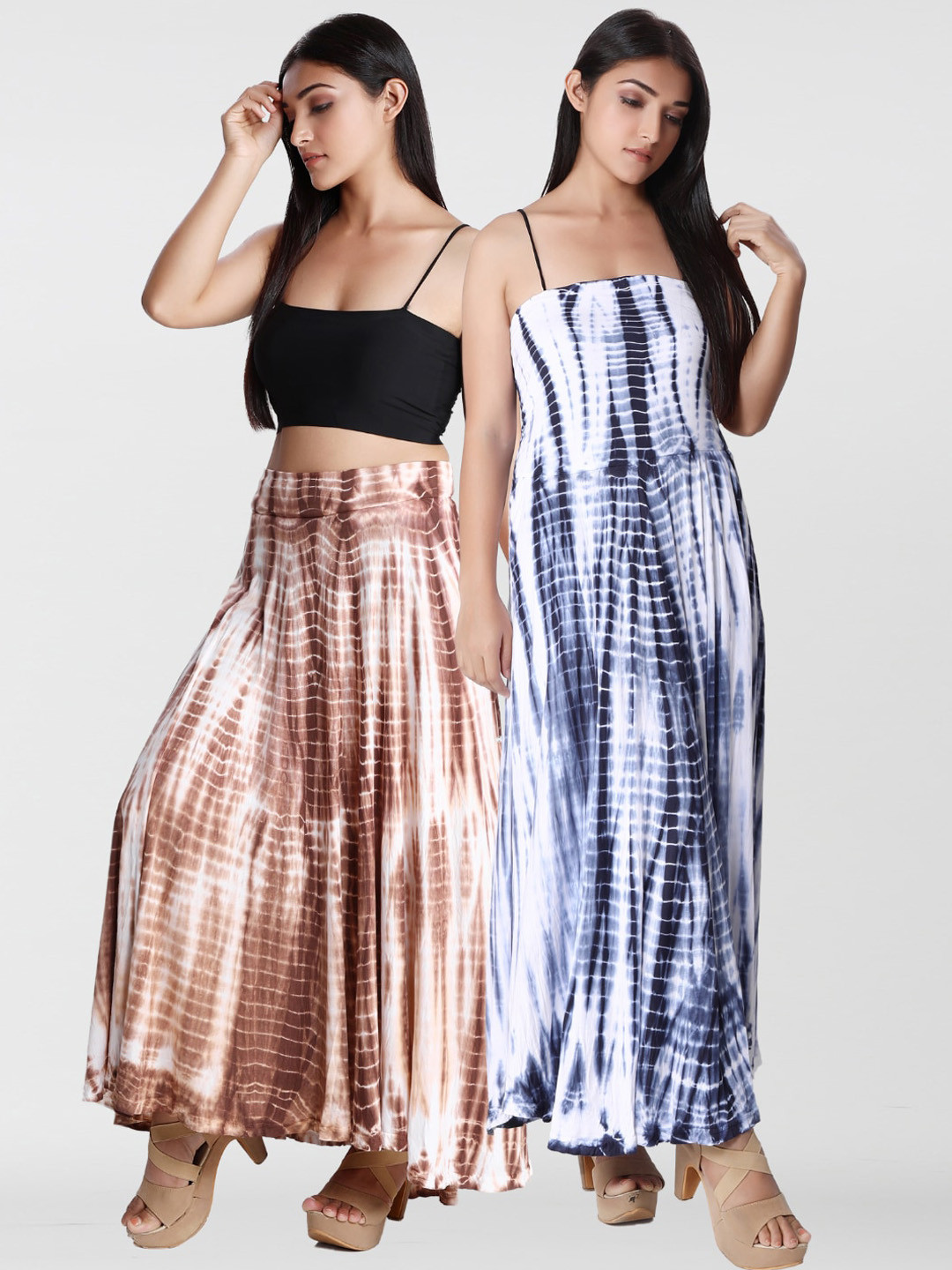 Dream of Glory Inc Women Pack of 2 Brown & Blue Tie-Dye Flared Maxi Skirt