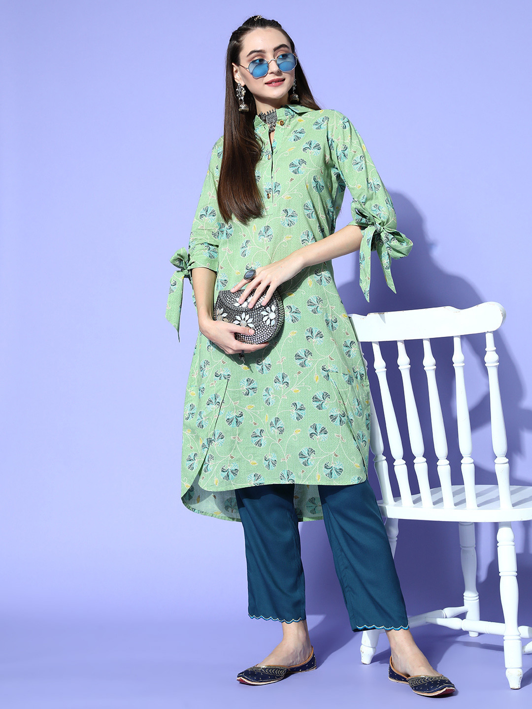 Jaipur Kurti Women Green Cotton Fluid Tie-Up Kurta
