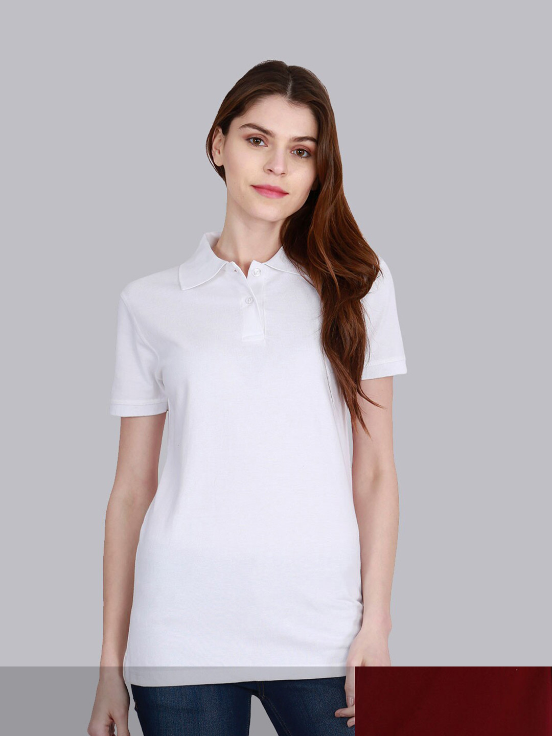 Fleximaa Women Maroon & White Solid Polo Neck Tshirt (pack of 2)