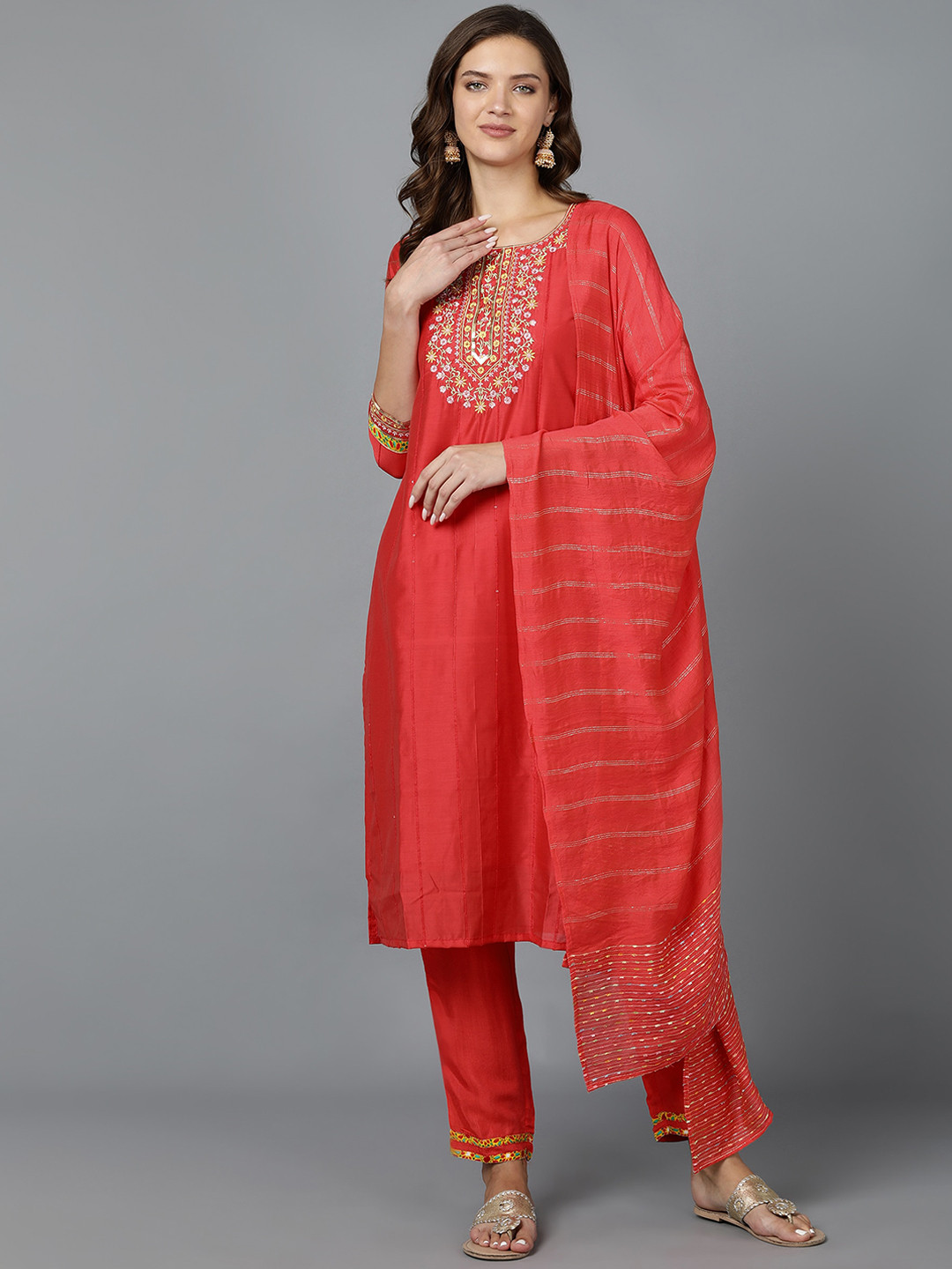 Bani Women Rust Ethnic Motifs Yoke Design Chanderi Silk Kurta with Trousers & With Dupatta
