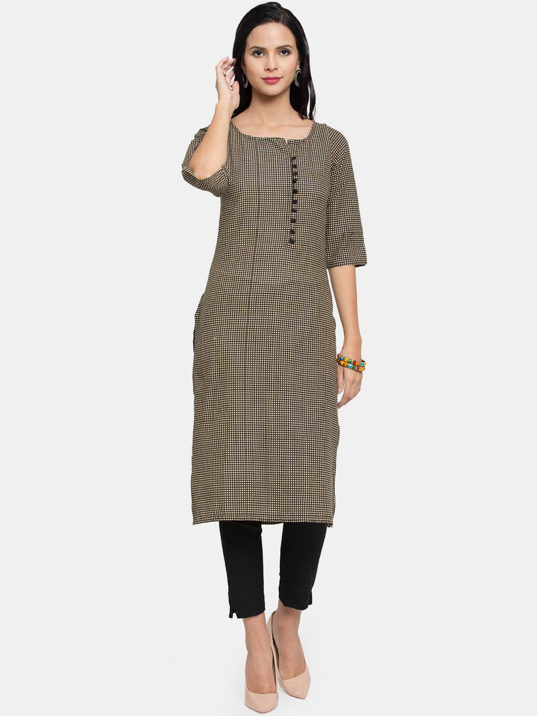 Aarsha Women Beige Striped Thread Work Kurta