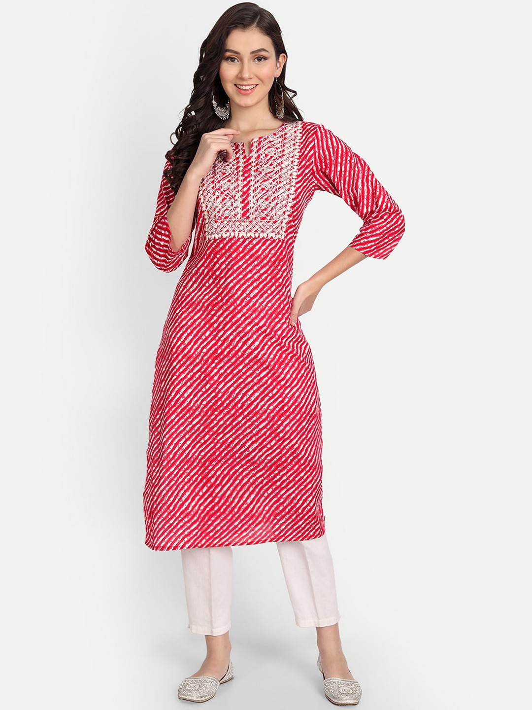 Haute and Humble Women Orange & White Leheriya Embroidered Indie Prints Kurta