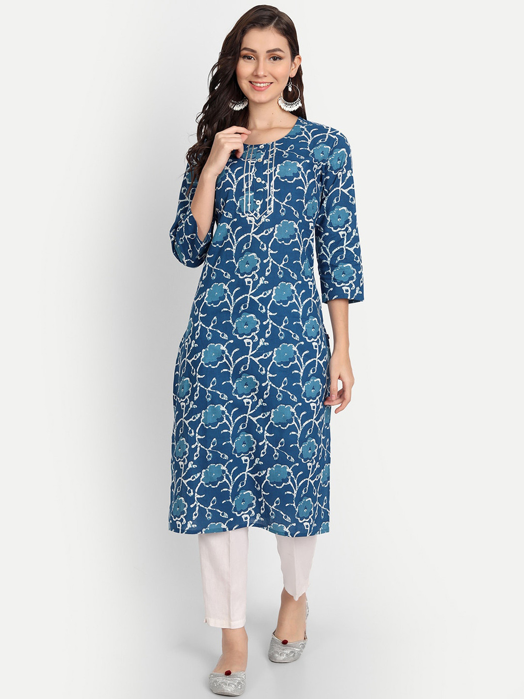 Haute and Humble Women Blue And White Floral Print Cotton Straight Kurta