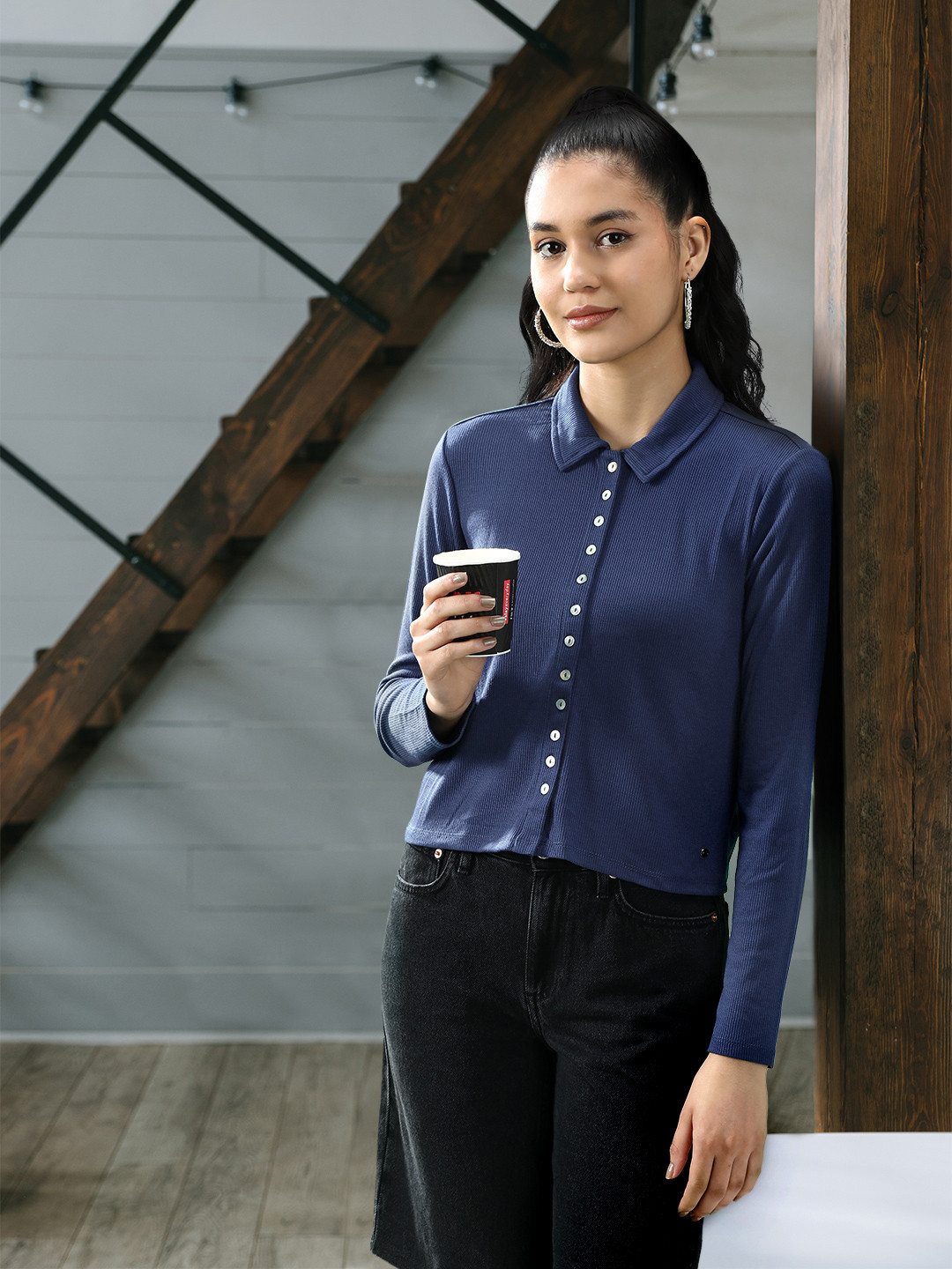 Van Heusen Woman Navy Blue Shirt Style Top