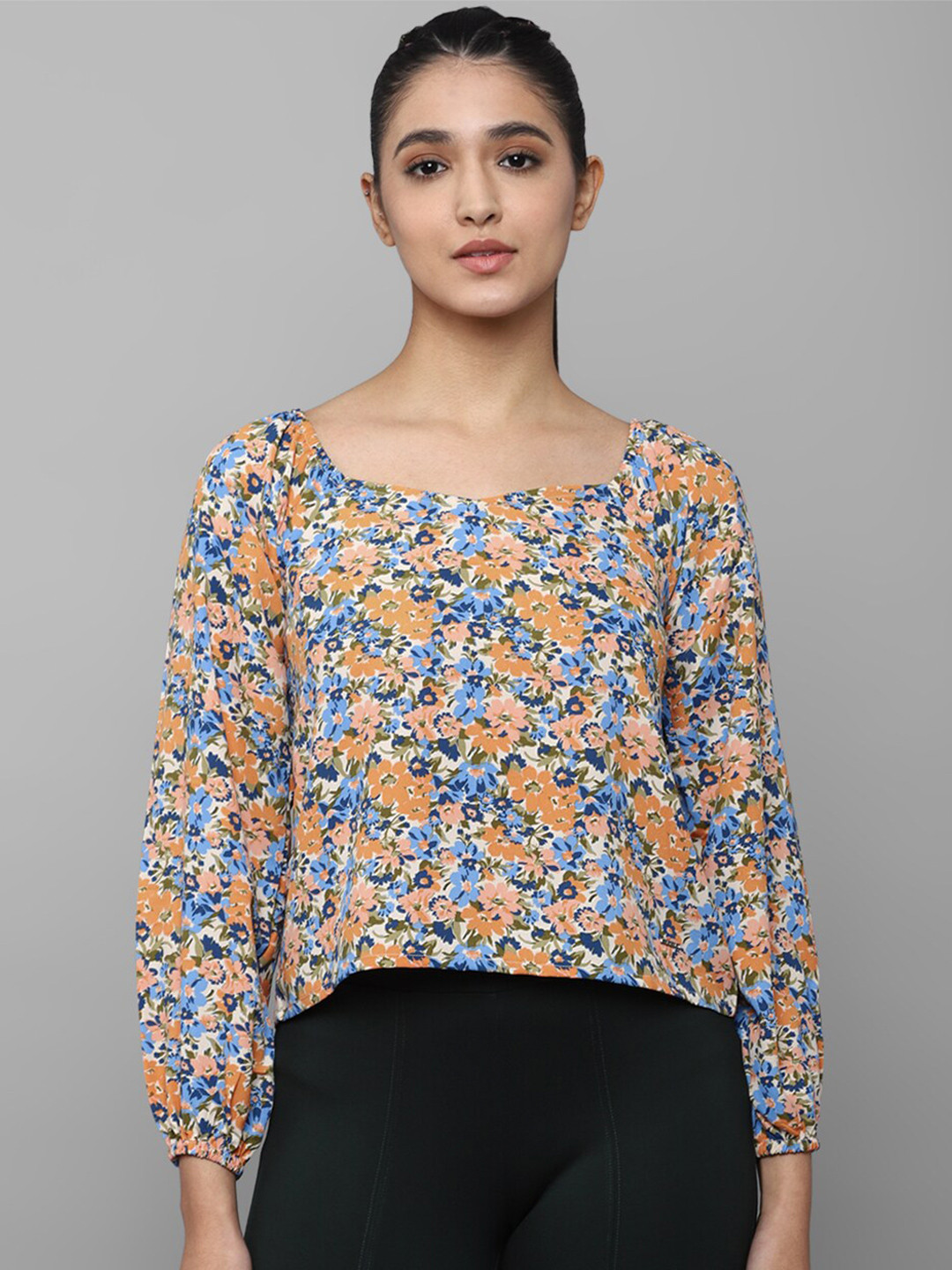 Allen Solly Woman Beige & Blue Floral Print Top