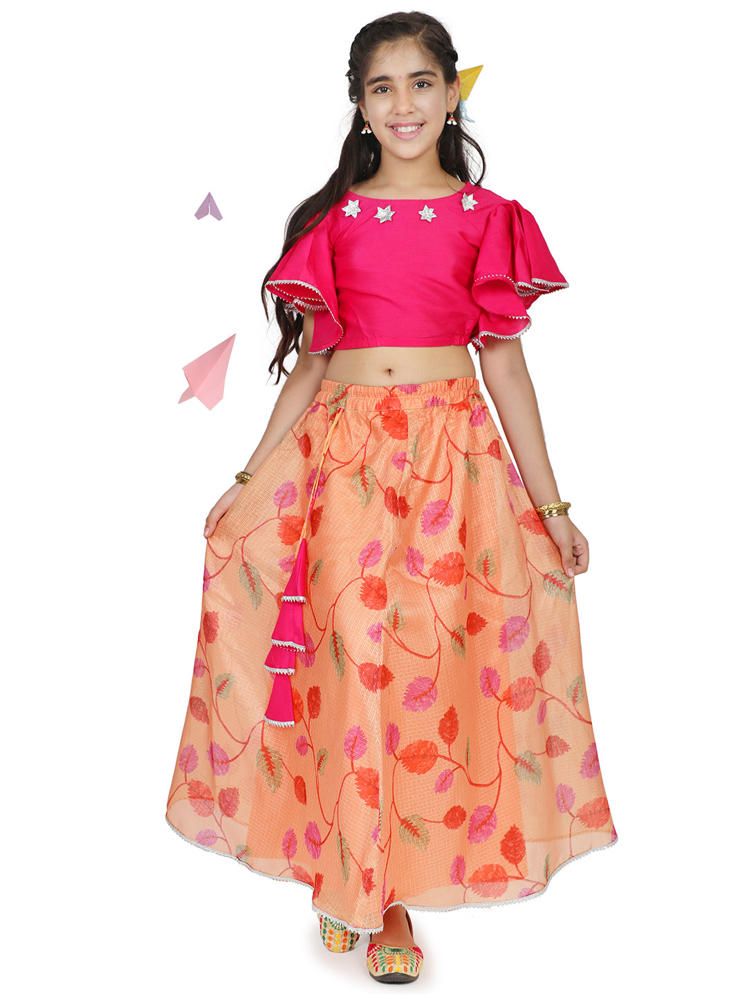 ADIVA Girls Pink & Orange Ready to Wear Lehenga &