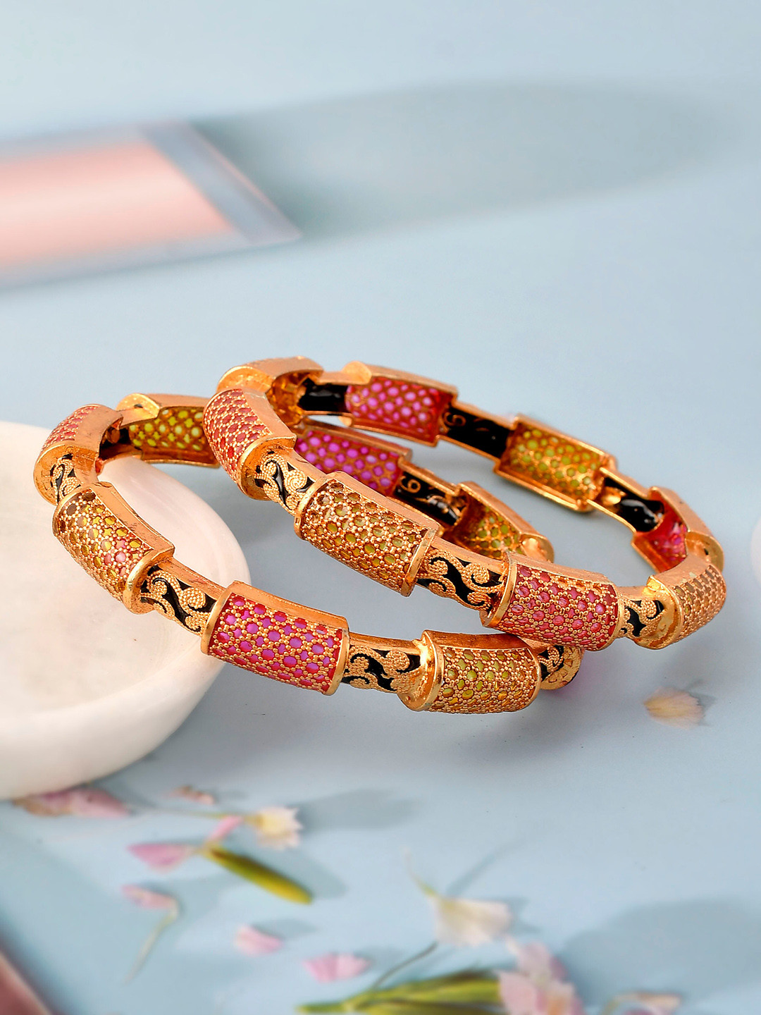 Silvermerc Designs Women Set Of 2 Gold Plated Meenakari Enamelled Bangle
