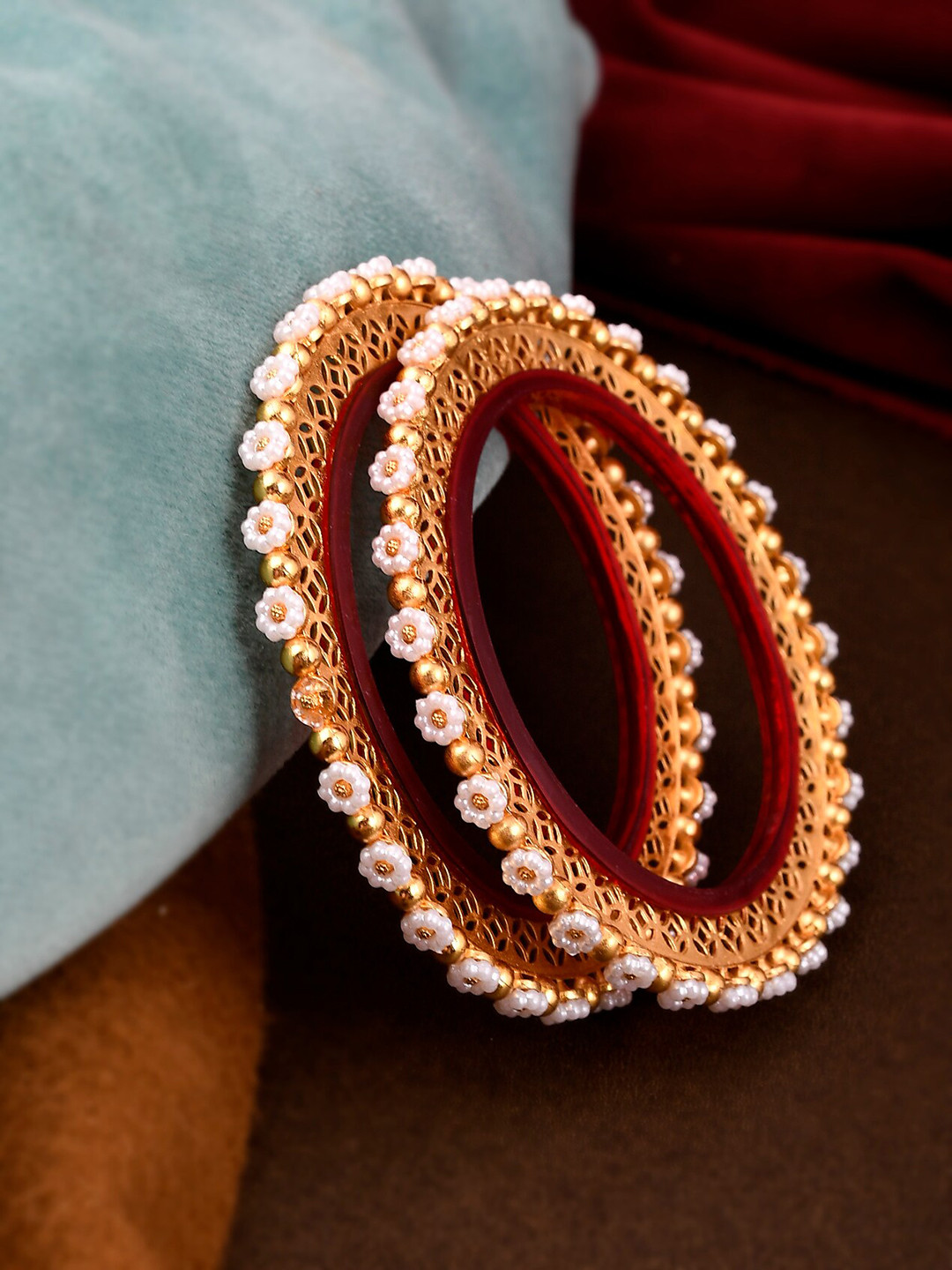 Silvermerc Designs Set Of 2 Gold-Plated White Stone Studded Bangle