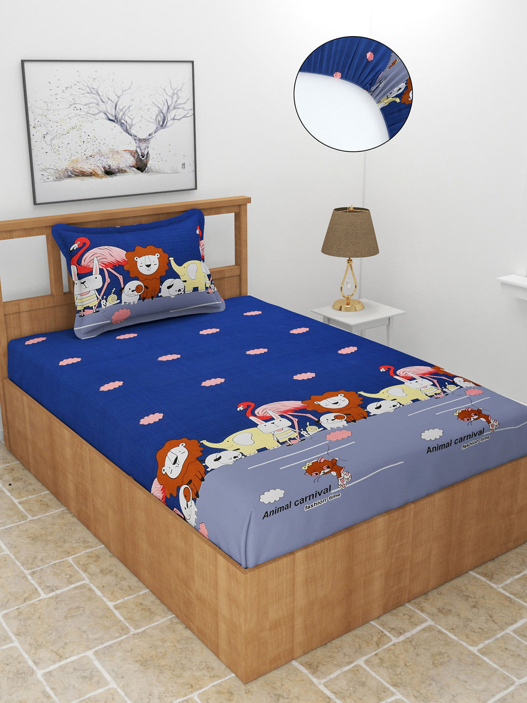 MORADO Teen Blue Graphic Polycotton 180 TC Fitted Single Fine Bedsheet with a Pillow Cover-198 x 91 x 15 cm