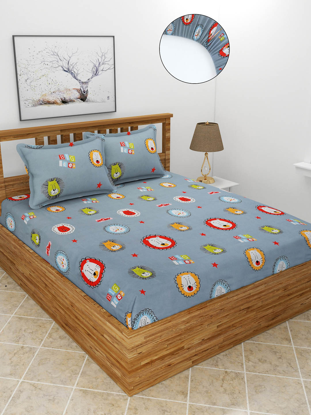 MORADO Grey Graphic Polycotton 180 TC Fitted Queen Fine Bedsheet with 2 Pillow Covers-198 x 182 x 15 cm