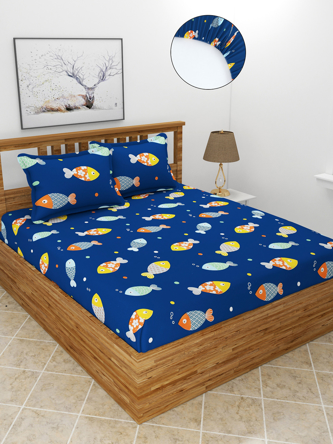 MORADO Dbs_Kidze Blue Graphic Polycotton 210 TC Fitted Queen Fine Bedsheet with 2 Pillow Covers-198 x 182 x 15 cm