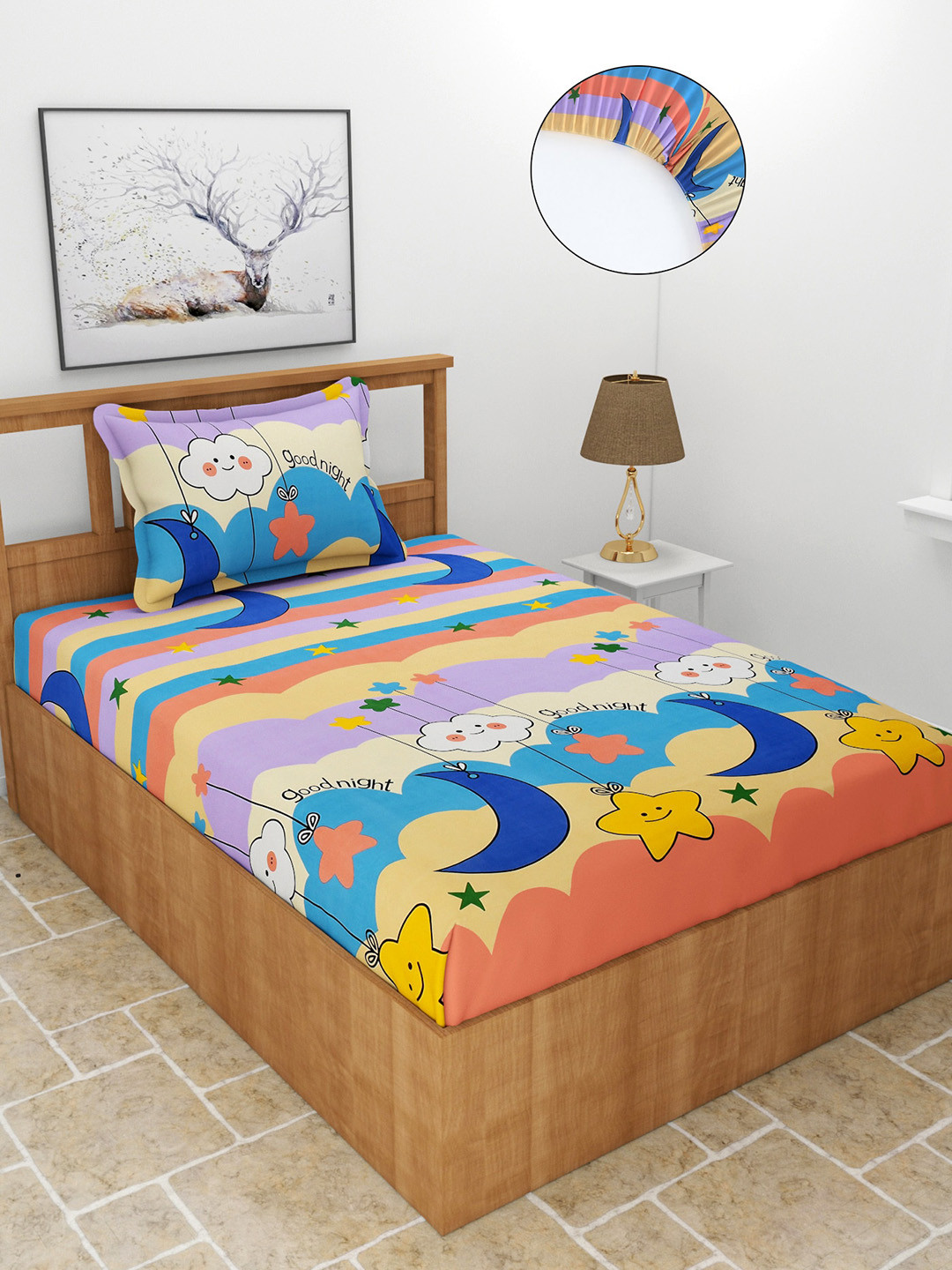 MORADO Pink Conversational Polycotton 180 TC Fitted Single Fine Bedsheet with a Pillow Cover-91.4 x 182 x 15.2 cm