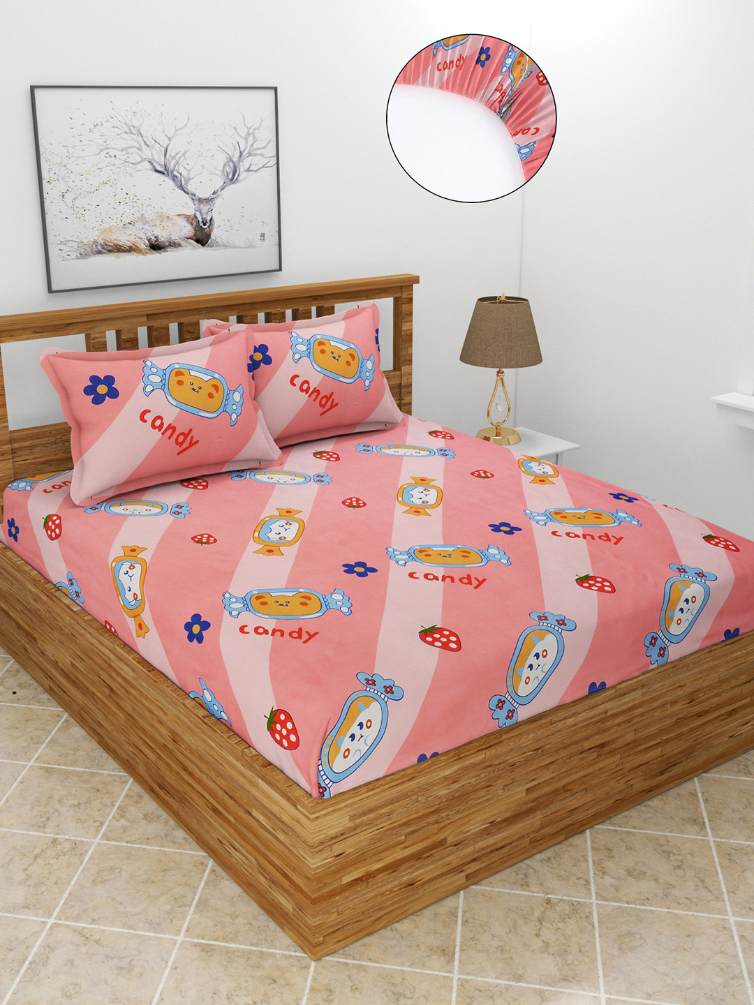 MORADO Pink Conversational Polycotton 210 TC Fitted Queen Fine Bedsheet with 2 Pillow Covers-78 x 72 inches