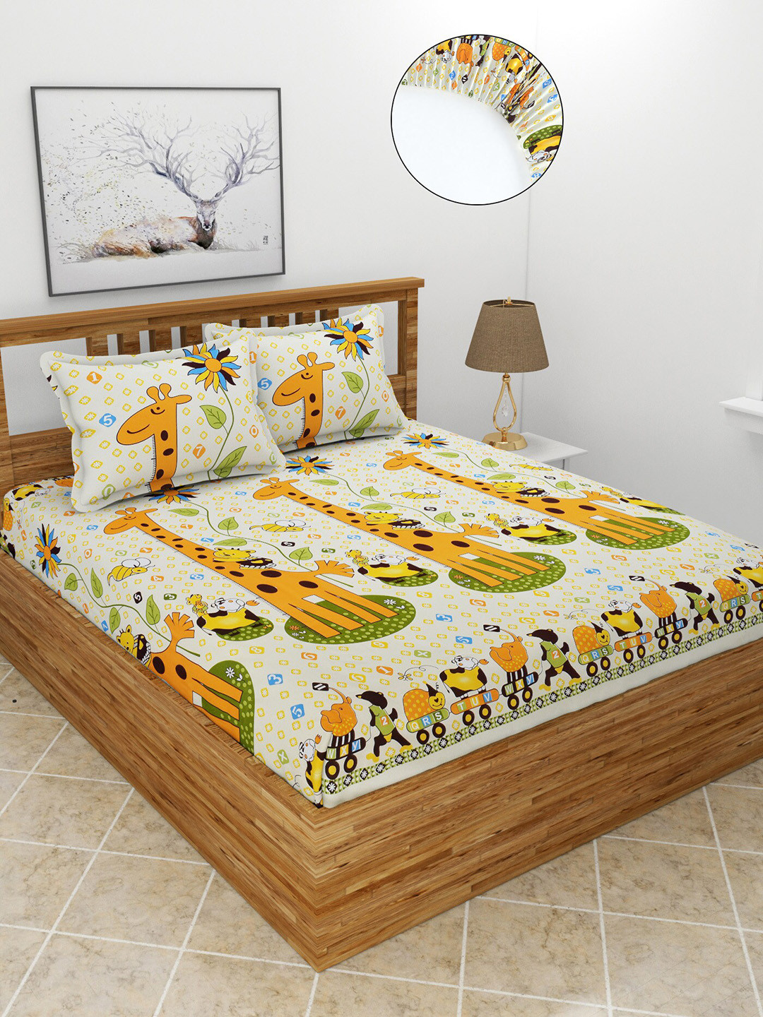 MORADO Teen Yellow Conversational Polycotton 180 TC Fitted Queen Fine Bedsheet with 2 Pillow Covers-72 x 78 inches