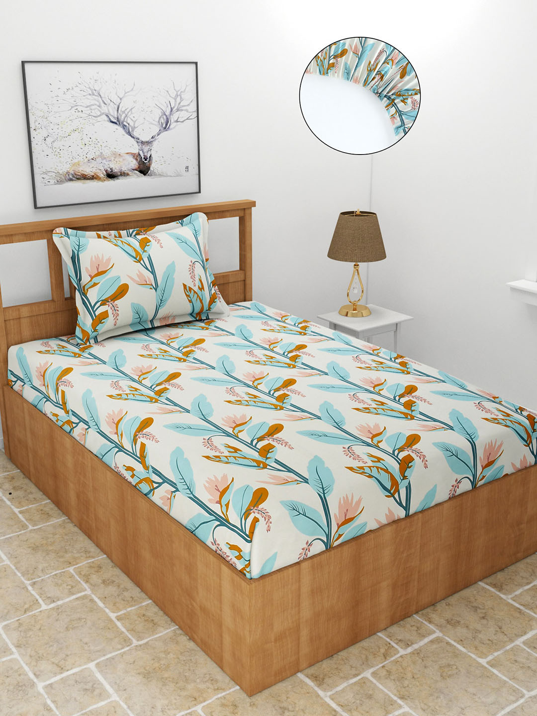 MORADO Maple Green Floral Polycotton 210 TC Fitted Single Fine Bedsheet with a Pillow Cover-91 x 198 cm