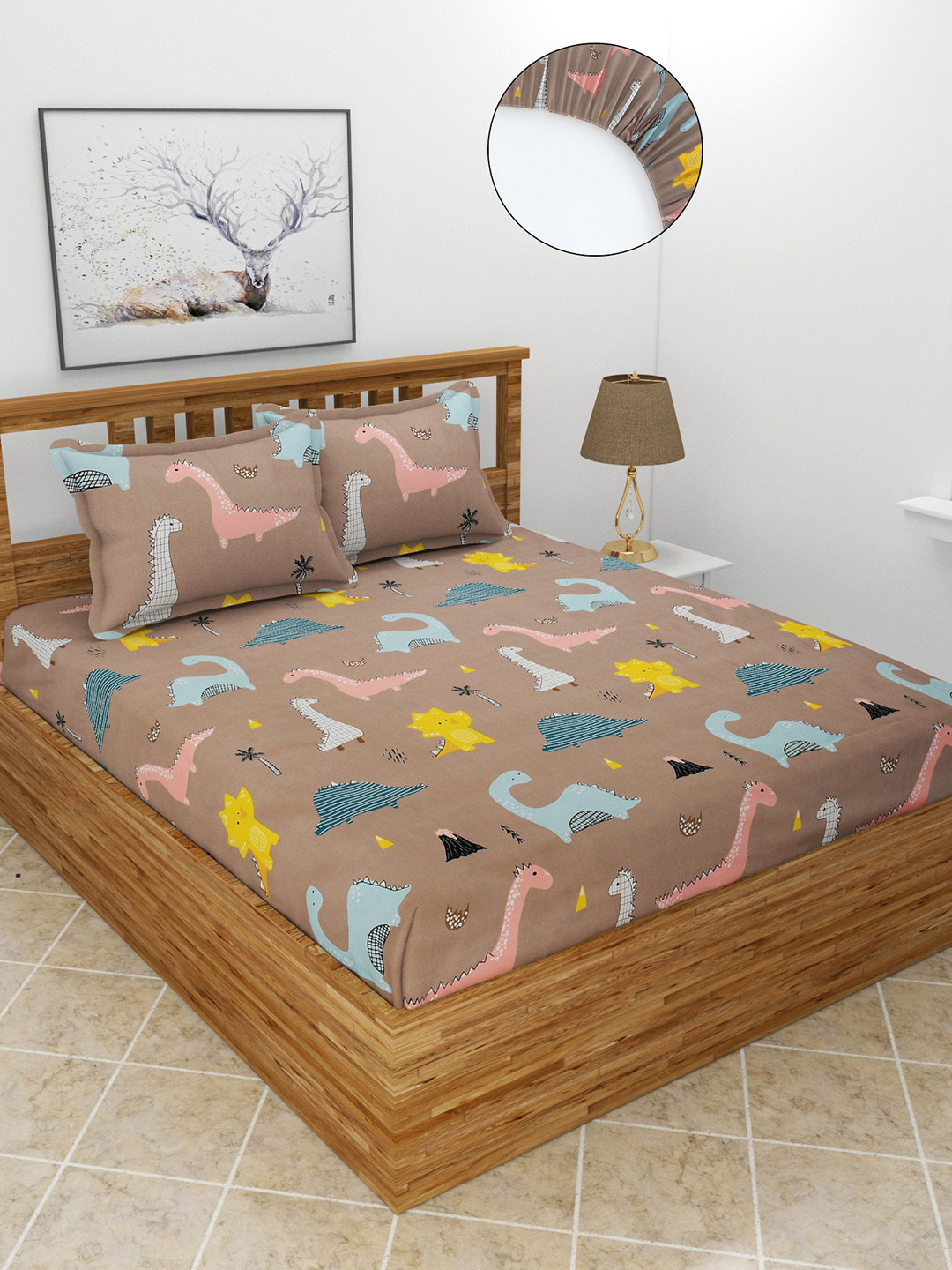 MORADO Brown Cartoon Characters Polycotton 180 TC Fitted Queen Fine Bedsheet with 2 Pillow Covers-198 x 182 x 15 cm