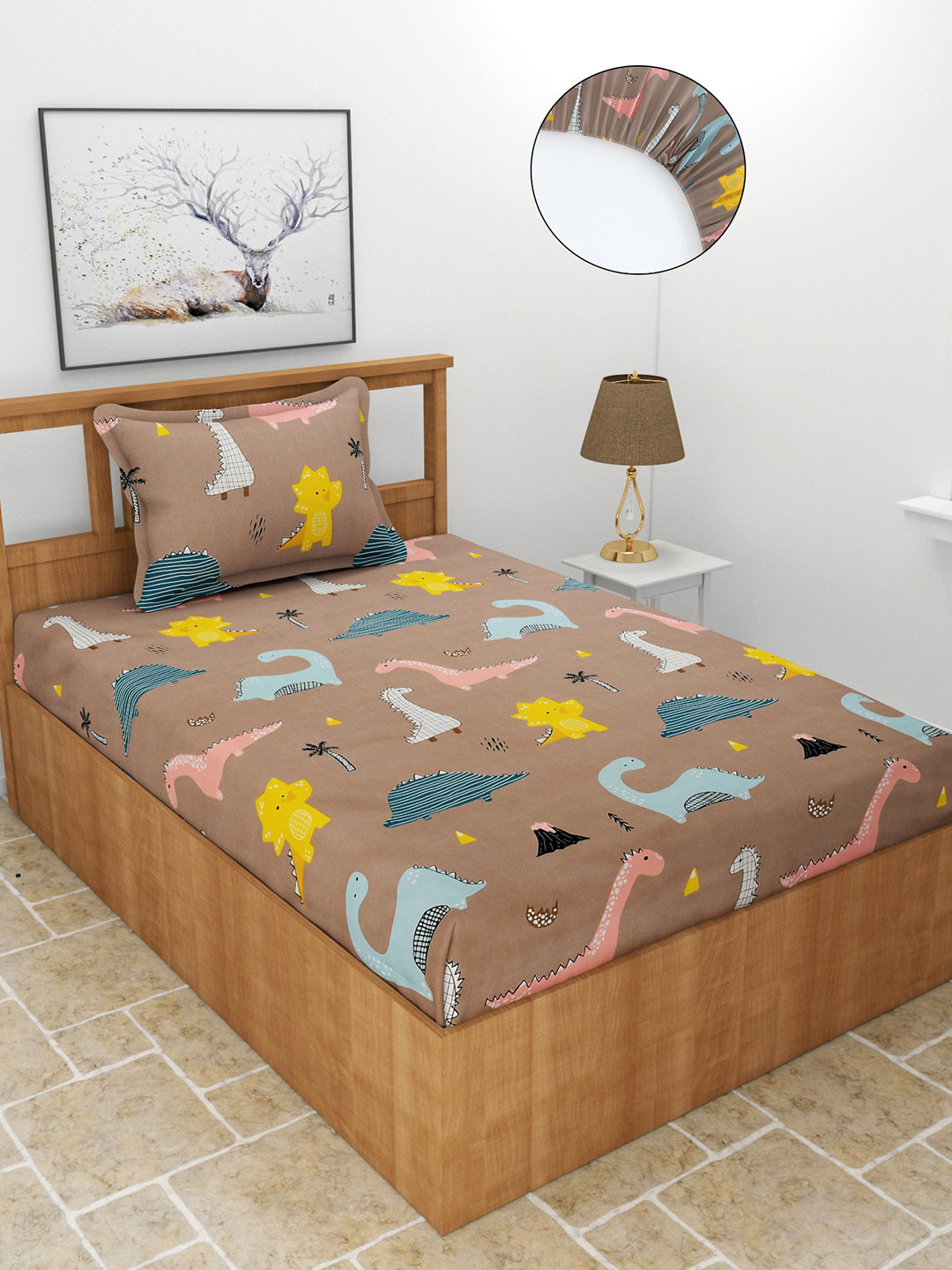 MORADO Brown Conversational Polycotton 180 TC Fitted Single Fine Bedsheet with a Pillow Cover-198 x 91 x 15 cm