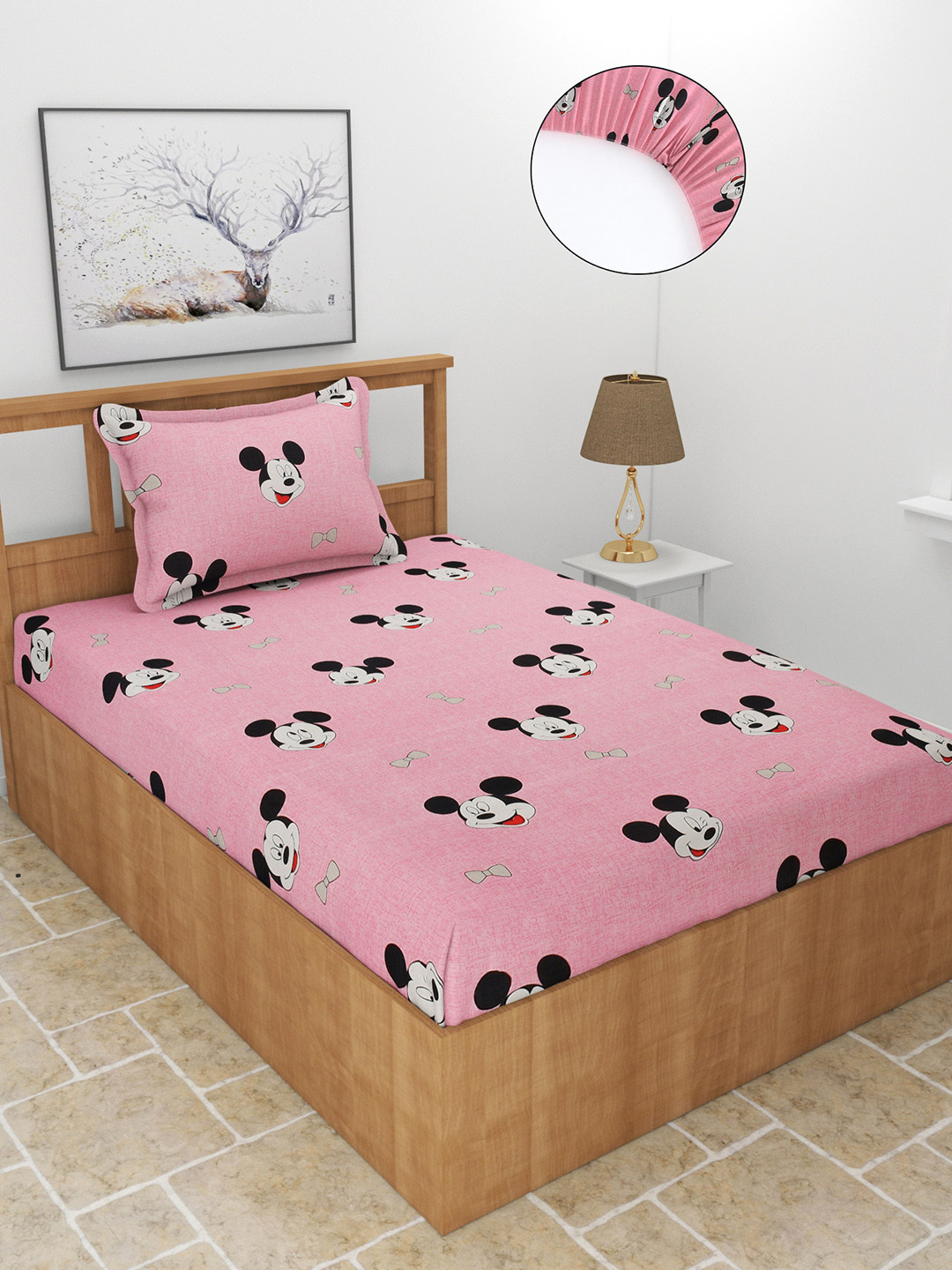 MORADO Pink Cartoon Characters Polycotton 210 TC Fitted Single Fine Bedsheet with a Pillow Cover-75 x 35 inches