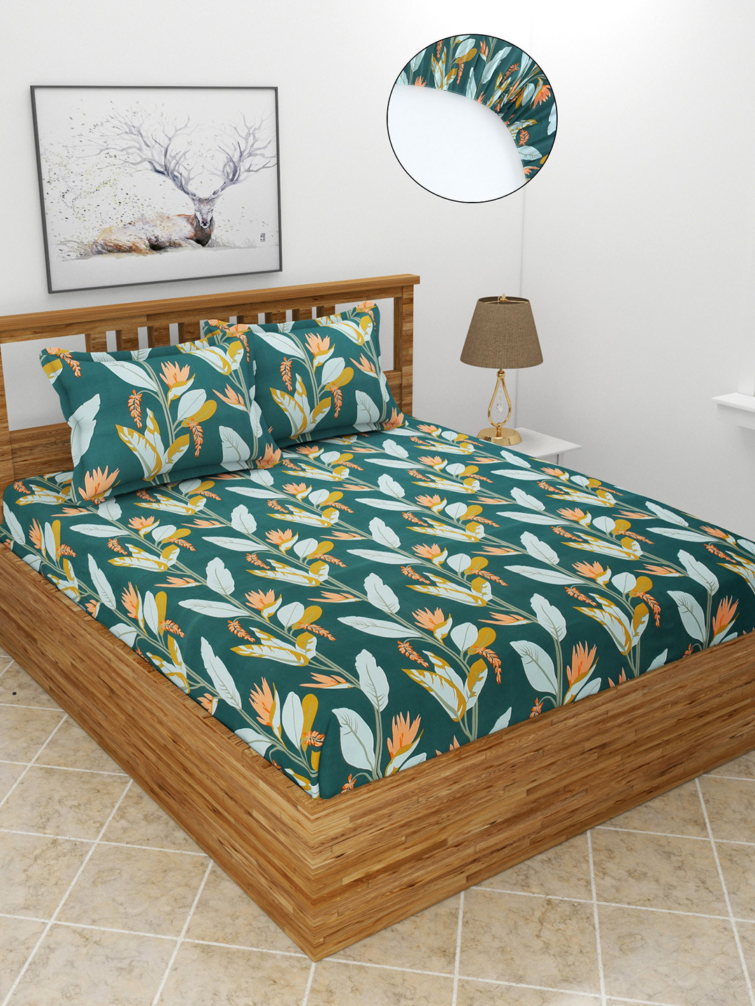 MORADO Maple Green Floral Polycotton 210 TC Fitted Queen Fine Bedsheet with 2 Pillow Covers-75 x 71 inches