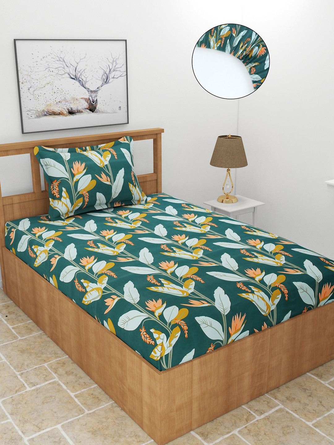MORADO Maple Green Floral Polycotton 210 TC Fitted Single Fine Bedsheet with a Pillow Cover-78 x 36 inches