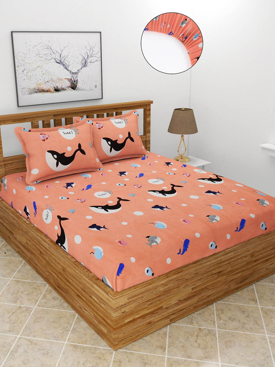 MORADO Pink Conversational Polycotton 210 TC Fitted Queen Fine Bedsheet with 2 Pillow Covers-75 x 71 inches