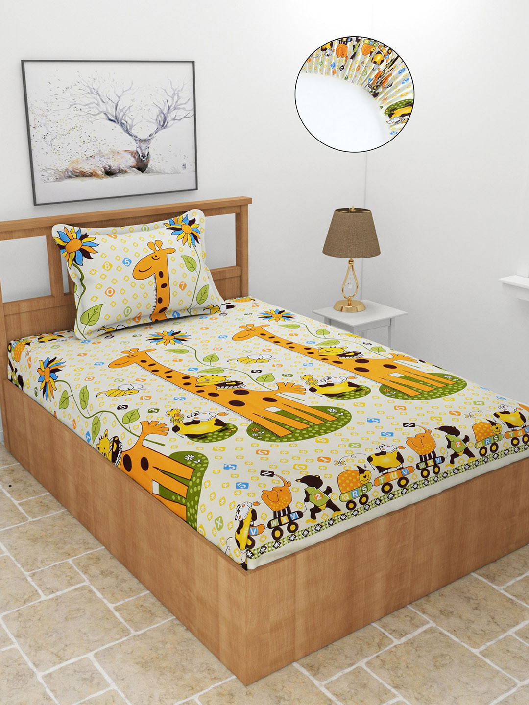 MORADO Yellow Conversational Polycotton 180 TC Fitted Single Fine Bedsheet with a Pillow Cover-198.12 x 91.44 x 15.24 cm