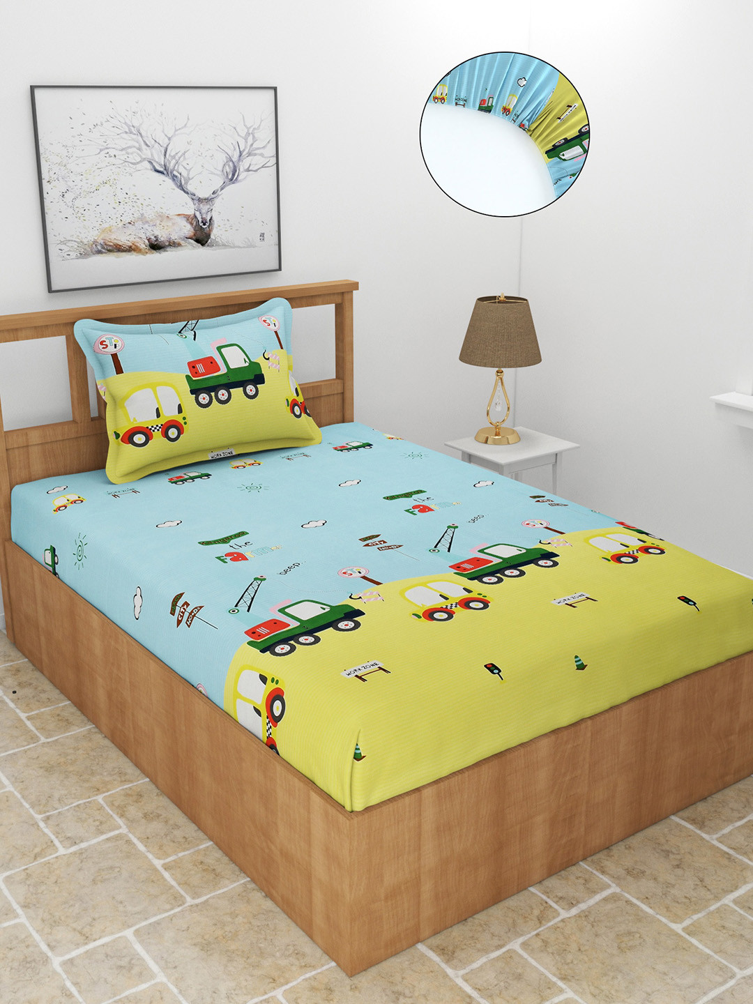 MORADO Yellow Graphic Polycotton 210 TC Fitted Single Fine Bedsheet with a Pillow Cover-198 x 91 x 15 cm
