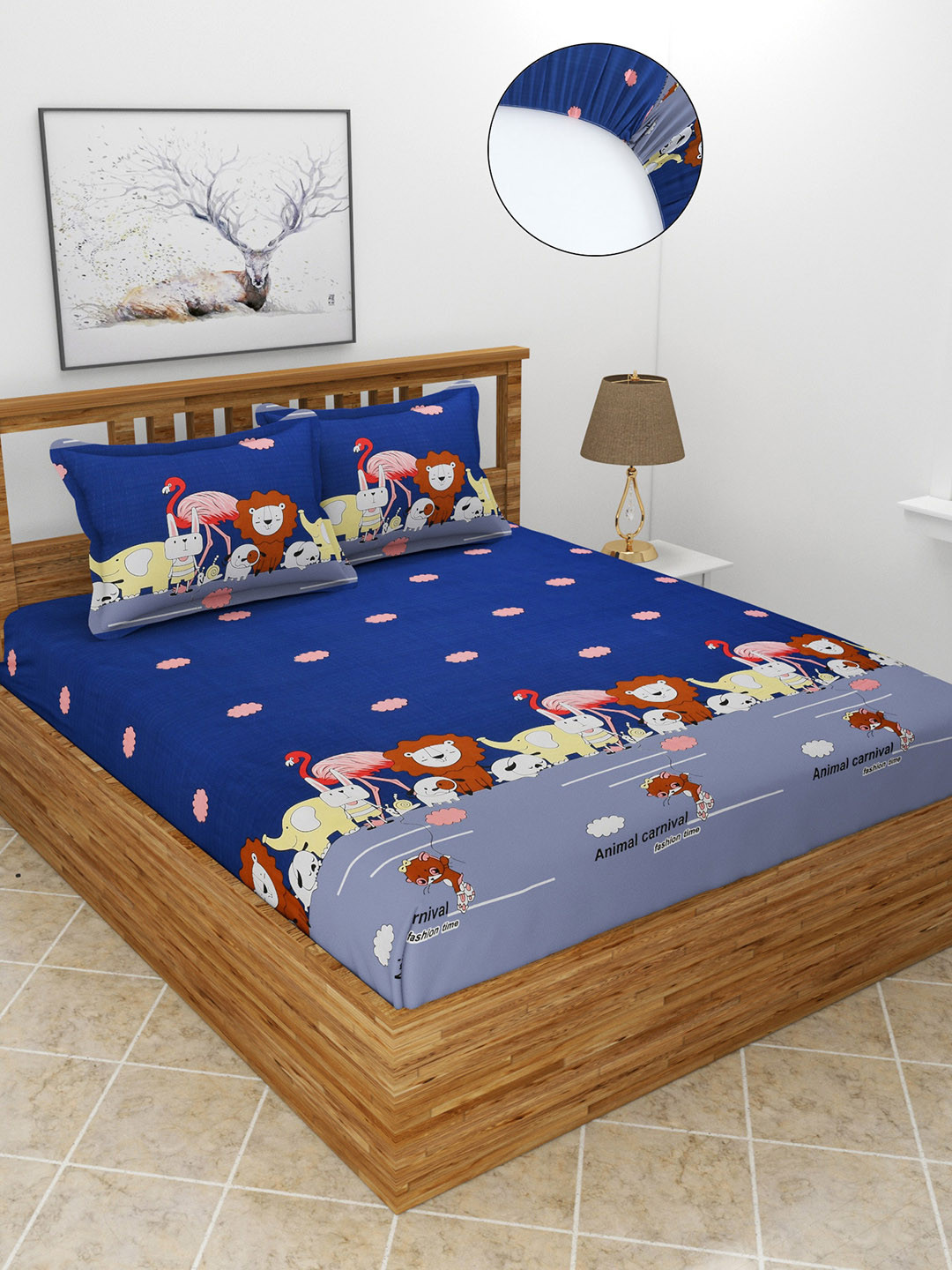 MORADO Animalcarnival Blue Graphic Polycotton 180 TC Fitted Queen Fine Bedsheet with 2 Pillow Covers-198 x 182 cm