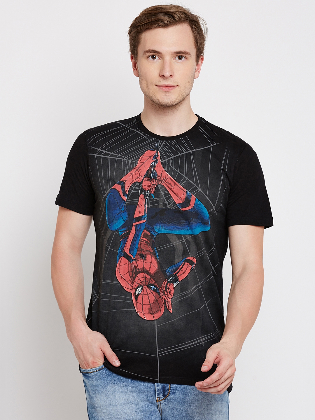 Buy Free Authority Men Black Spiderman Printed Round Neck T Shirt ...