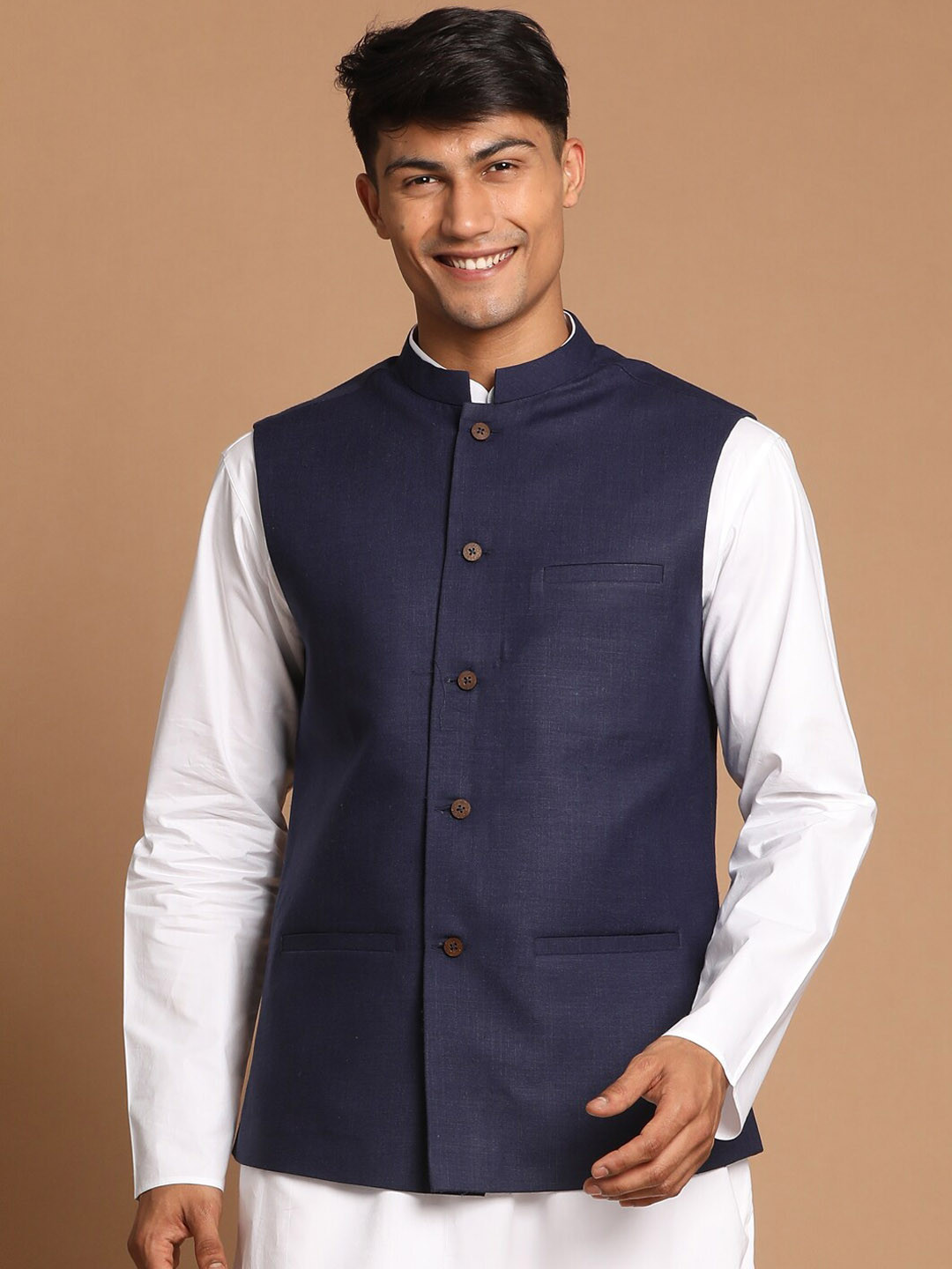 VASTRAMAY Men Navy Solid Blue Nehru Jacket