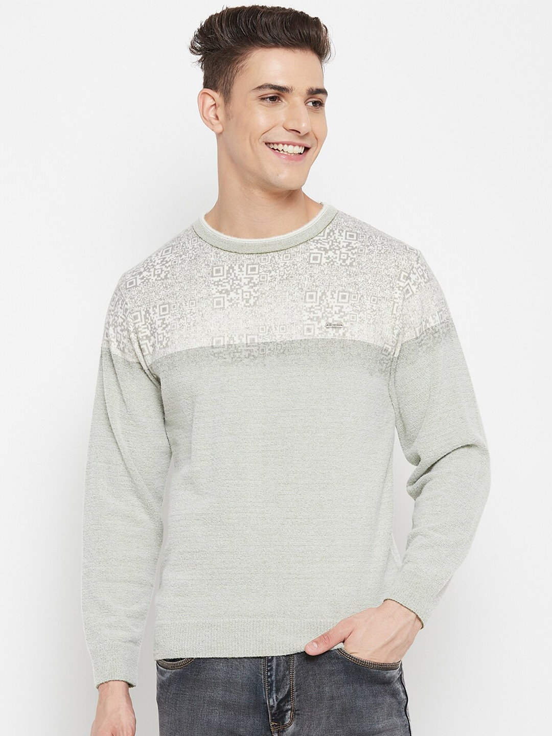 Duke Men Off White & Grey Printed Pullover