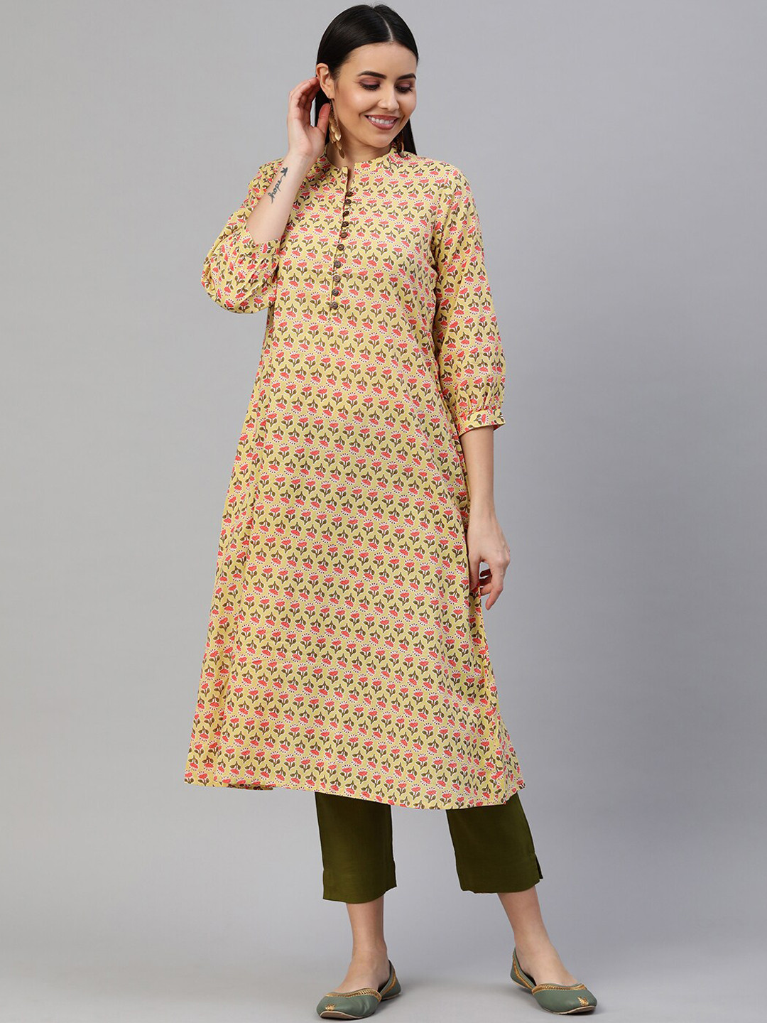 KAMI KUBI Women Yellow Floral Print Cotton Kurta