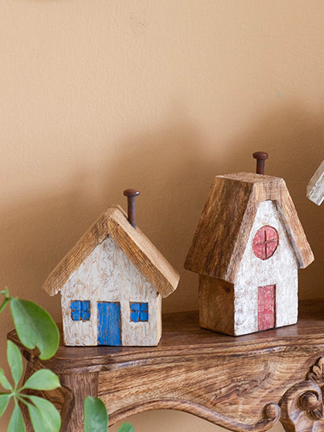 The Wishing Chair Tiny Homes Paperweight White Wood Natural Study Room Set of 2 Small Showpieces - 5.9 Inches