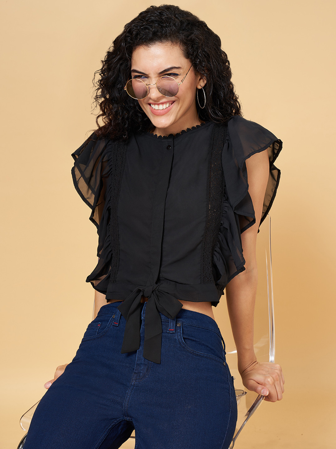 People Black Georgette Tiered Top