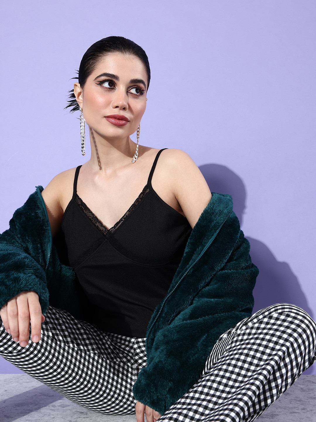 People Ribbed Lace Insert Detail Crop Fitted Top