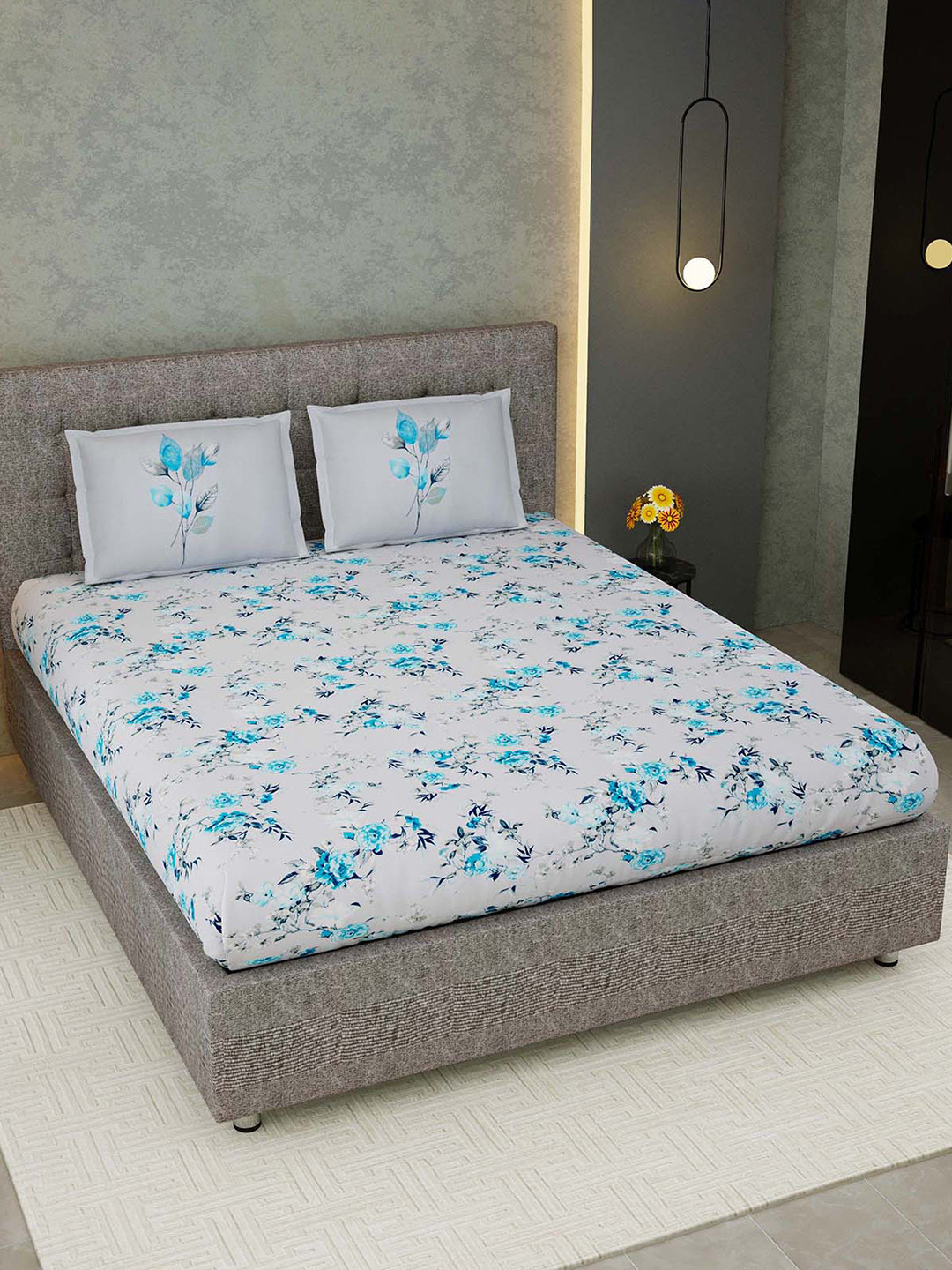 EasyGoods Blue Floral Cotton 300 TC King Fine Bedsheet with 2 Pillow Covers-274 x 274 cm